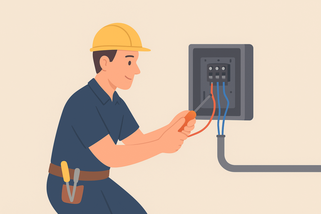 "Certified electrician installing and repairing home electrical wiring, outlets, and lighting systems, ensuring safe, efficient, and professional residential electrical services."